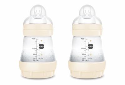 MAM Pack 2 Biberones Anticólicos, Recién Nacido, 0-2 Meses, 160ml, con Tetina 1 Flujo Lento Fácil Aceptación, Autoesterilizable y Fácil de Limpiar, MAM Easy Start Anti-Colic, (El diseño puede variar)