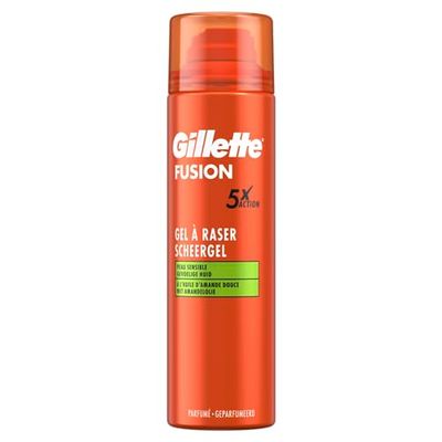 Gillette Fusion Żel do golenia dla mężczyzn z olejkiem migdałowym, dla skóry wrażliwej, X5 działań: Oczyszcza, nawilża, chroni, chłodzi i łagodzi, 6x200ml