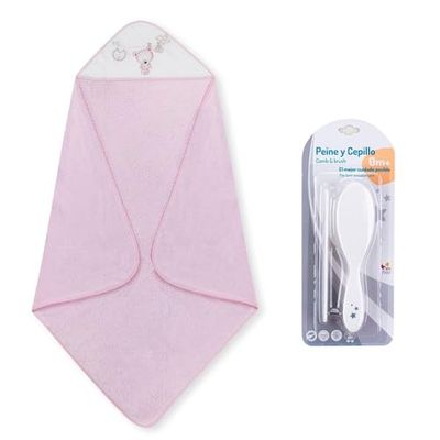 Interbaby P1182-02 Dziecięcy ręcznik kąpielowy Tendedero OSO różowy z grzebieniem i szczotką, różowy