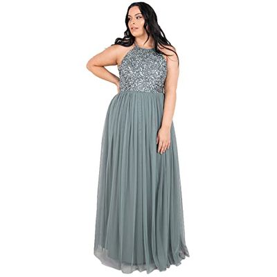 Maya Deluxe Maxi-jurk voor dames, bruidsmeisje, halterjurk, pailletten, versierd, eindexamenfeest, bruiloft, Misty Groen, 46