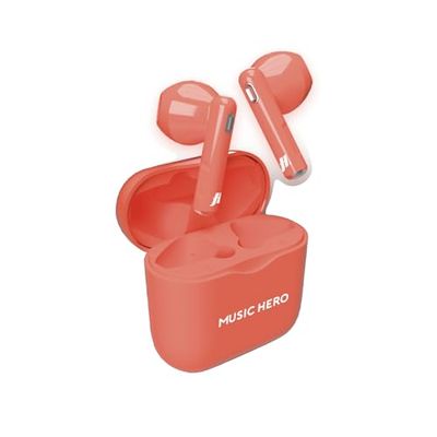 MUSIC HERO Auriculares inalámbricos, coloración neón, tecnología True Wireless Stereo (TWS), Estuche de Carga de 180 mAh, Controles táctiles, micrófono Integrado, semiin-Ear, Rojo