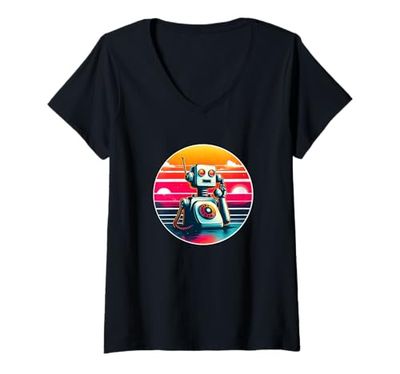 Womens Funny Engineer Shirt Robotics Robot Technology Robot Phone V-Neck T-Shirt