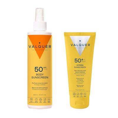 Valquer Pack protezione solare completa SPF 50. Crema viso 75 ml e spray protettivo corpo 300 ml. Mantiene la pelle morbida e idratata con acido ialuronico, vitamine e aroma Monoi di Tahiti. Vegano