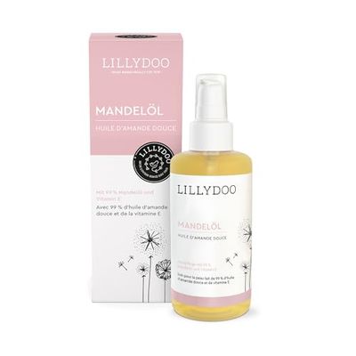 LILLYDOO Huile bébé sans parfum, 99% huile d’amande pure pressée à froid, vitamine E, soins naturels véganes, certifiée Dermatest "très bien", flacon en verre haut de gamme (100 ml)