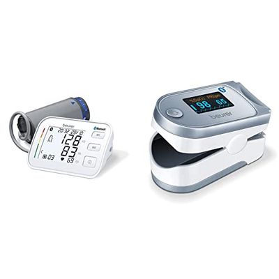Beurer BM 57 upper arm blood pressure monitor, digital blood pressure monitor with large cuff up to 43 cm, app connection via Bluetooth, certified data protection & PO60 Pulse Oximeter with Bluetooth