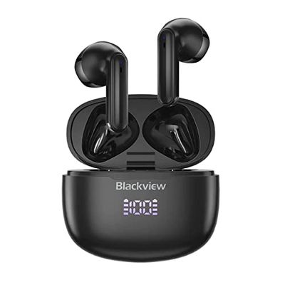 Blackview AirBuds 7 bezprzewodowych słuchawek dousznych Bluetooth, wodoszczelność IPX7, bezprzewodowe ładowanie, wyświetlacz LED, redukcja szumów, duża bateria 470 mAh, kolor czarny