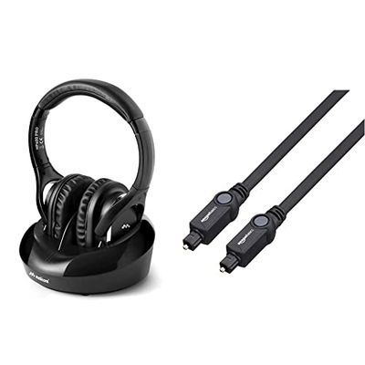 Meliconi HP600 Pro Cuffia TV Wireless Universale, Con base di ricarica ed ingresso audio analogico e digitale, Nero & Amazon Basics Cavo audio ottico digitale Toslink, 1 m