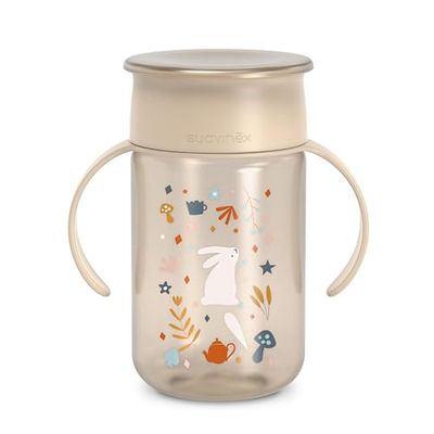 Suavinex, Vaso Aprendizaje Bebé, Vaso 360 con Sistema Antiderrame y Antigoteo, Magic Cup con Asas y Tapa, Apto Lavavajillas y Microondas, 340 ml, Taza Entrenamiento Bebés +12 Meses, Wonderland Beige