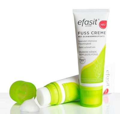 efasit Crema per piedi con spugna da 75 ml – Crema per piedi asciutti con applicatore, applicazione senza mani appiccicose con spugna monocrema, crema per piedi con urea, assorbe rapidamente