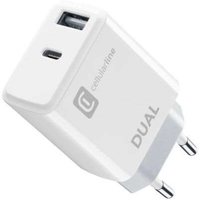Cellularline | Caricabatterie da Rete | Caricabatterie da rete con 2 porte USB e USB-C per la carica simultanea di due dispositivi Apple