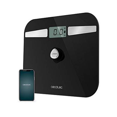 Cecotec Balance Pèse-personne avec bouton-poussoir Surface Precision EcoPower 10200 Smart Healthy Black, Verre Trempé, Sans piles, Connectivité Smartphone via Bluetooth, Grand écran LCD, Max 180 kg