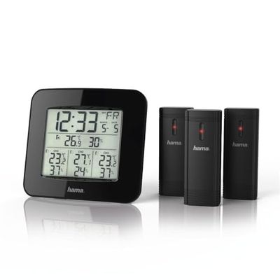 Hama | Estação meteorológica digital com 3 sensores (termómetro de exterior e interior, função de relógio e alarme incluídos, medição de humidade, preto