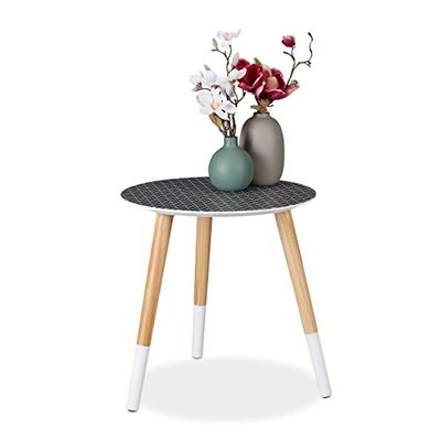 Relaxdays bijzettafel rond, decoratieve look, modern design, laag, driepoot, HxØ: 40,5x40 cm, zwart/wit/natuur