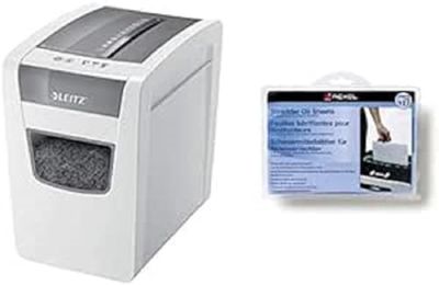 Destructeur Coupe Croisée Leitz IQ Slim Home Office, Jusqu'à 10 feuilles, Corbeille 23L, Blanc, 80010000 & Rexel 12 Feuilles prélubrifiées pour Destructeur de documents