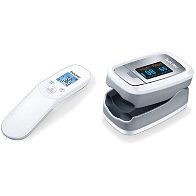 Beurer FT 85 Termómetro digital de infrarrojos sin contacto, termómetro rápido para la medición higiénica & PO 30 Pulsioxímetro, medición saturación de oxígeno (SpO2) Blanco/Plata, 60 x 36 x 32 mm