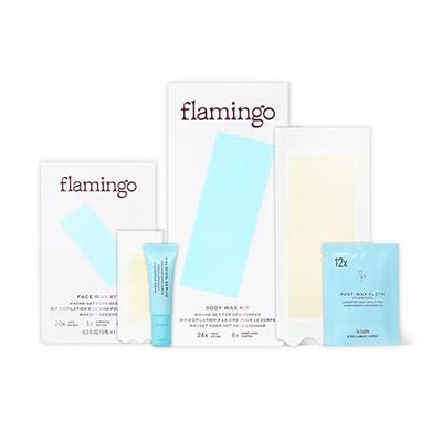 Flamingo Set di cera da testa a piedi – Set di cera per donne con 24 strisce di cera per il corpo, 20 strisce di cera per il viso, 12 salviette per la cura dopo e 1 siero lenitivo per la pelle, cera