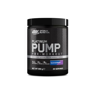 Optimum Nutrition ON Platinum Pump Pre-Workout, Intense Caffeine-Free Pre-Workout Food Supplement with Fruitflow, Beta-Alanine, L-Arginine, L-Citrulline, Blue Raspberry Flavour, 20 Servings, 380 g