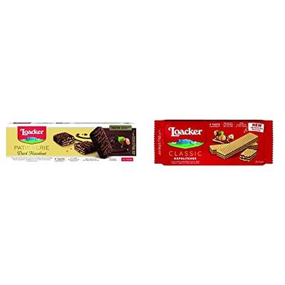 Loacker Dark Chocolate Hazelnut Biscuits, Box of Chocolate Biscuits, Classic Italian Biscuit, 100 g & Wafers, Napolitaner Hazelnut Flavour Wafer Biscuits, Classic Italian Biscuits, Light Snack, 90 g