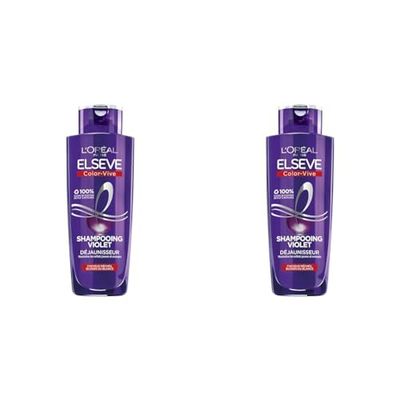 L'Oréal Paris - Shampooing Violet Déjaunisseur - Pour Cheveux Blonds, Décolorés, Méchés ou Blancs - Neutralisation des Reflets Jaunes & Orangés - Elseve Color-Vive - 200 ml (Lot de 2)