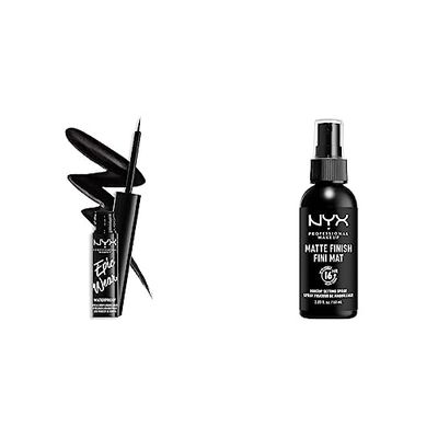 NYX Professional Makeup Eyeliner Liquide Semi-Permanent Epic Wear, Fini Mat, Noir & Spray Fixateur Setting Dewy Finish, Fini Mat, Formule Vegan, Modèle : Matte