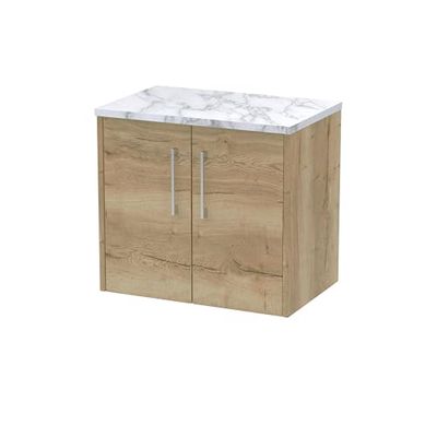Hudson Reed JNU1823LCM Juno Modern Bathroom Wall Hung 2 Soft Close Door Vanity Unit and Carrera Marble Laminate Worktop, 600mm, Autumn Oak