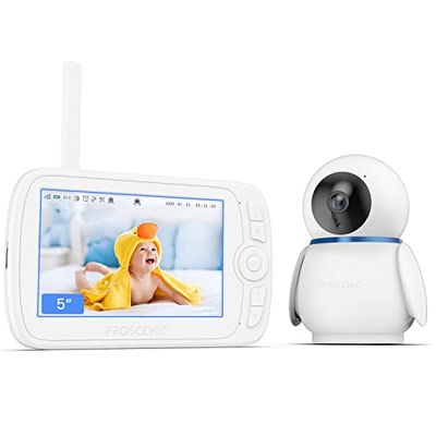 Proscenic BM300 Baby Monitor, 5’HD Video Baby Monitor with 1080P Camera, Smart Baby Monitor with Night Vision, VOX mode,Temperature Sensor,3600mAh Battery, 300m Transmission Range