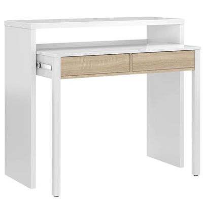 Habitdesign Mesa de secretária extensível, mesa de estudo, consola, cor branca Artik e carvalho canadian, medidas: 98,5 cm (comprimento) x 36-70 cm (fundo) x 87,5 cm (altura)