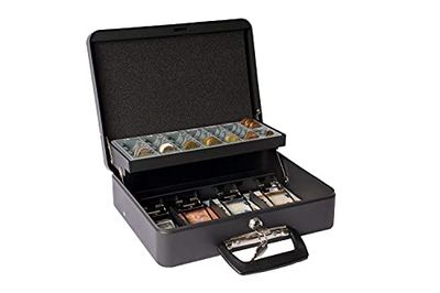 Arregui, Cashier Clip C9244H-EUR Caja Caudales con Llave para Contar y Transportar Dinero, Caja de acero con bandeja para Monedas y clips Billetes, Caja fuerte portatil con asa maletín, Negro