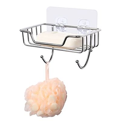 Porte Savon, Acier Inoxydable en Support Savon, Mural avec 2 Crochets, Porte-éponge, Auto-adhésif pour Salle de Bain et Cuisine