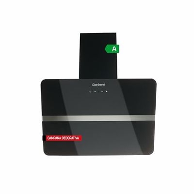 Corberó Victoria660B Hotte décorative en verre noir, 60 cm, 165 W, 3 vitesses, commande tactile, débit 594,2 m³/h, couleur verre trempé, 1 filtre en aluminium, charbon, efficacité énergétique A