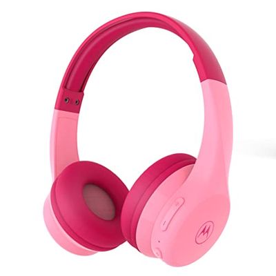 Motorola Moto JR300 - Auriculares Bluetooth para niños con micrófono, Ligeros, con limitador de Volumen de 85 dB, Divisor de Audio para Compartir, Ideales para la Escuela, Viajes, Juegos, Color Rosa