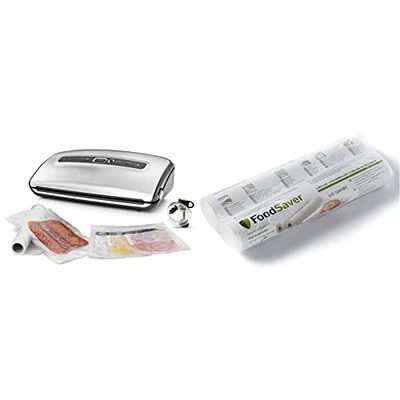 FoodSaver Machine Sous Vide avec compartiment de rangement pour rouleau et cutter & FoodSaver FSR2802-I Rouleaux de mise sous vide, pour machine sous vide Foodsaver, Pack de 2 (28cm x 5.5m chaque)