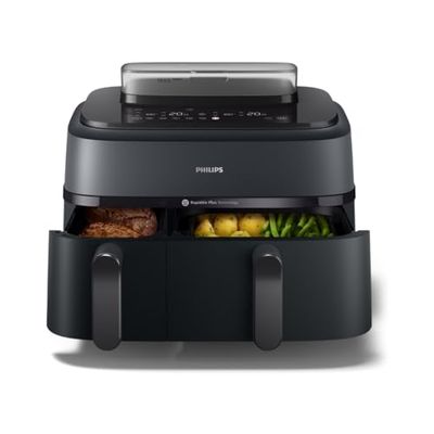 Philips Airfryer Serie 5000 Dual Basket con vapor - 9L, tecnología RapidAir Plus, 19 funciones en 1, 90% menos de grasa, Air Steam, 2 cestas, 2 tamaños, Cocina a vapor, Accesorios (NA550/00)