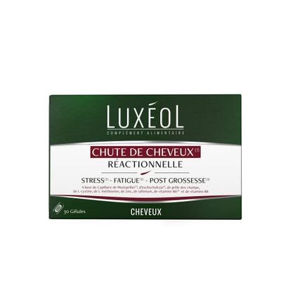 LUXÉOL - Chute De Cheveux Réactionnelle - Aide À Prévenir La Chute De Cheveux Passagère - Stress, Fatigue, Post-Grossesse - Zinc, Vitamine B6 B8 - Fabriqué en France - Programme 1 Mois - 30 Gélules