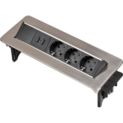 Brennenstuhl Indesk Power USB-Charger Extensão de tomadas de mesa/tomada retrátil tripla (extensão de tomadas com 2 tomadas de carregamento USB, cabo de 2 m) prateado/preto