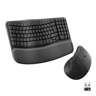 Logitech Wave Keys draadloos ergonomisch toetsenbord - Grafiet, US International QWERTY indeling, Logitech Vertical Ergonomic Mouse, Wireless, Bluetooth or Logi Bolt USB Receiver, Silent Clicks