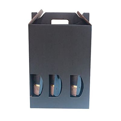 Lot de 10 boîtes en carton pour 3 bouteilles de vin, cava, champagne ou liqueur noir. Modèle automontable de boîte avec fenêtre pour emballage bouteilles très original.