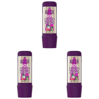 Aussie 3 Minute Miracle SOS Kiss Of Life Vegan Hair Mask, Damaged Hair Repair Treatment For Dry Damaged Hair. Repair Treatment With A Blend Of Australian Superfoods, 225ml (Pack of 3)