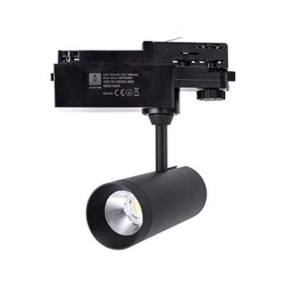VoltShine Foco LED de carril negro 10W, 4 hilos, alta eficiencia, luz brillante, ideal para iluminación de espacios comerciales y exhibiciones.