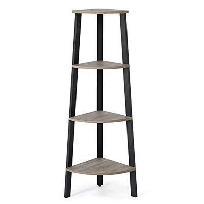 Meerveil Hoekrek, rek zwart metaal, ladderrek met 4 etages, boekenkast, vintage staand rek, kleine houten hoekkast, voor thuis, woonkamer, slaapkamer, balkon, studeerkamer, kantoor, grijs