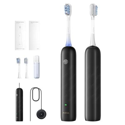 Mova Fresh Pro 3DClean Brosse à dents électrique avec application, Rechargeable pour adultes, 2 têtes de brosse et étui de voyage,tête de brosse de rechange 3-en-1, 30 jours d'autonomie,noir