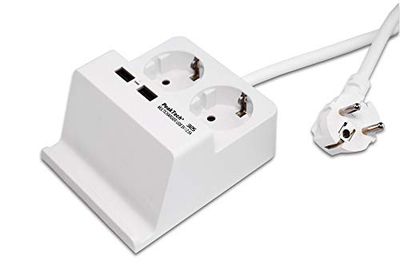 PeakTech, 3125, Toma de corriente de sobremesa con 2 x 230 V Schuko y 2 cargadores USB de 2,5 A, regleta de enchufes con bloqueo de seguridad para niños, incl. soporte para smartphone y tablet