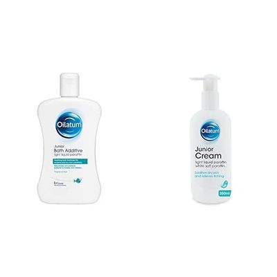 Oilatum Junior Emollient Bath Additive (1x 300ml) & Junior Cream (1 x 350ml), Eczema & Dry Skin Conditions Soothing and Hydrating Moisturizer for Sensitive, Itchy Skin, Dermatologist Recommended