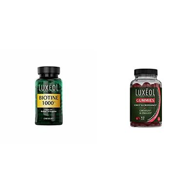 Luxéol – Biotine 1000 μg – Favorise la Pousse des Cheveux – Complément Alimentaire – 90 Gélules – 28,6 g & Gummies Force & Croissance - Complément Alimentaire Cheveux & Ongles - 60 Gummies