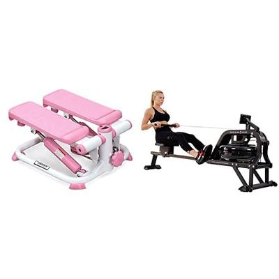 Sunny Health and Fitness Water Rowing Machine Rower w/LCD Monitor - Obsidian + Exercise Stepping Machine, Portable Mini Stair Stepper for Home, Desk or Office Workouts
