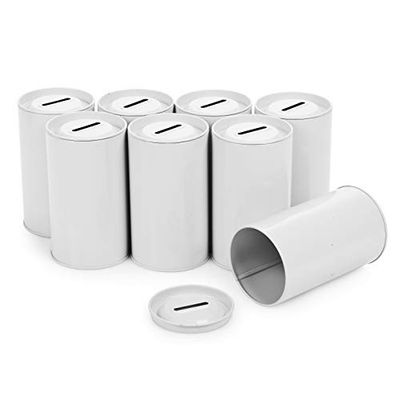 Caja cilíndrica de tubo de recogida de monedas de donación caritativa y caja de sugerencias de 5 pulgadas de alto x 3 pulgadas de diámetro con tapa extraíble con ranura (paquete de 8), color blanco