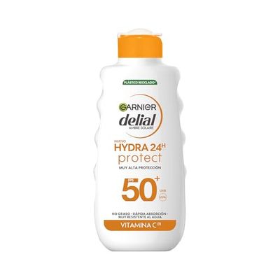 Garnier Delial Hydra 24h Protect Leche Protectora Antimanchas con [Vitamina C]. Muy Alta Protección FPS 50+. No graso. Absorción rápida y muy resistente al agua. 175 ml