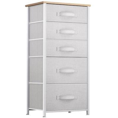 YITAHOME Comoda 5 Cajones,Cajonera de Tela,Sinfonier,Robusta Estructura metálica,Cómoda con Tapa de Madera,Gris Claro