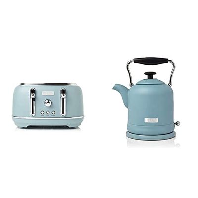 Haden Highclere 4 Slice Toaster with Reheat and Defrost Functions, Blue & 3000W Highclere Cordless Kettle, 1.5 Litre Capacity, Blue