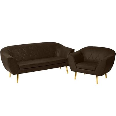 Conjunto de Muebles de salón en Polipiel: Sofa 2 plazas y sillón con Patas en Oro Chocolate - en Polipiel, con Patas de Metal para facilitar el Montaje - sillón y sofá para salón, despacho